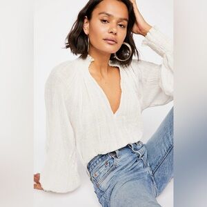 Free People V Neck White Textured Victorian Smocked Top Boho Size S Feminine